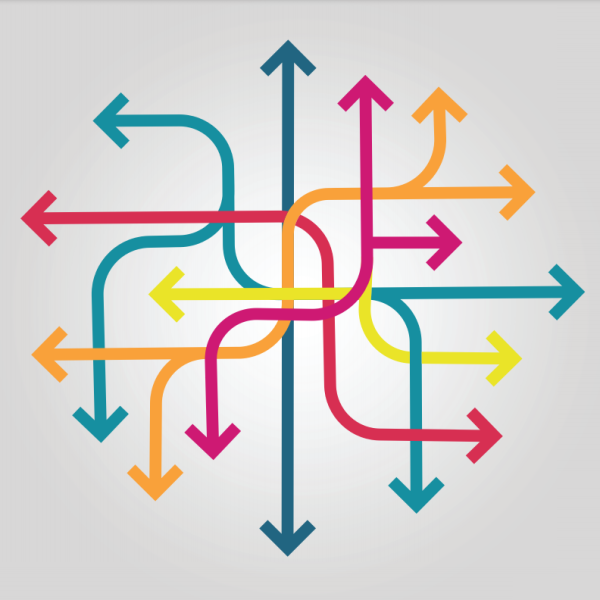 Illustration représentant un ensemble de flèches multicolores entremêlées. 